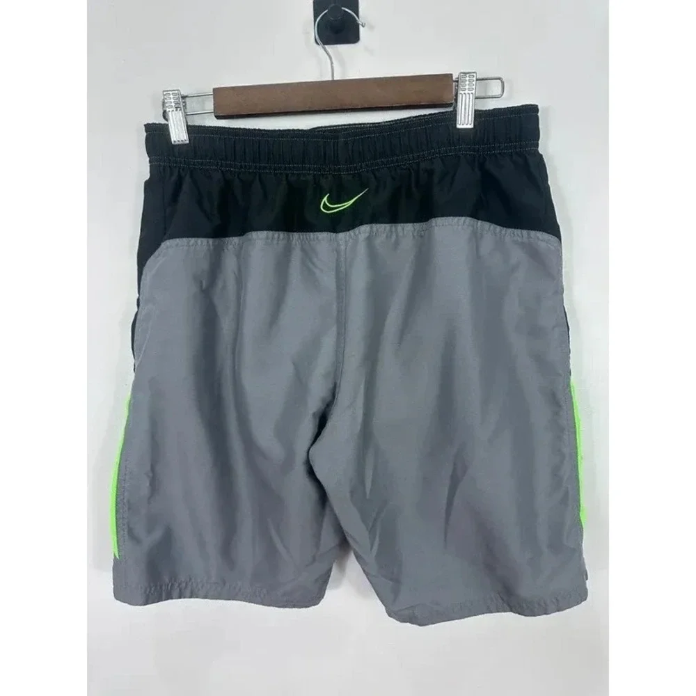 Nike Swim Trunks Mens Medium Gray Black Neon Green Colorblock Board Shorts Beach